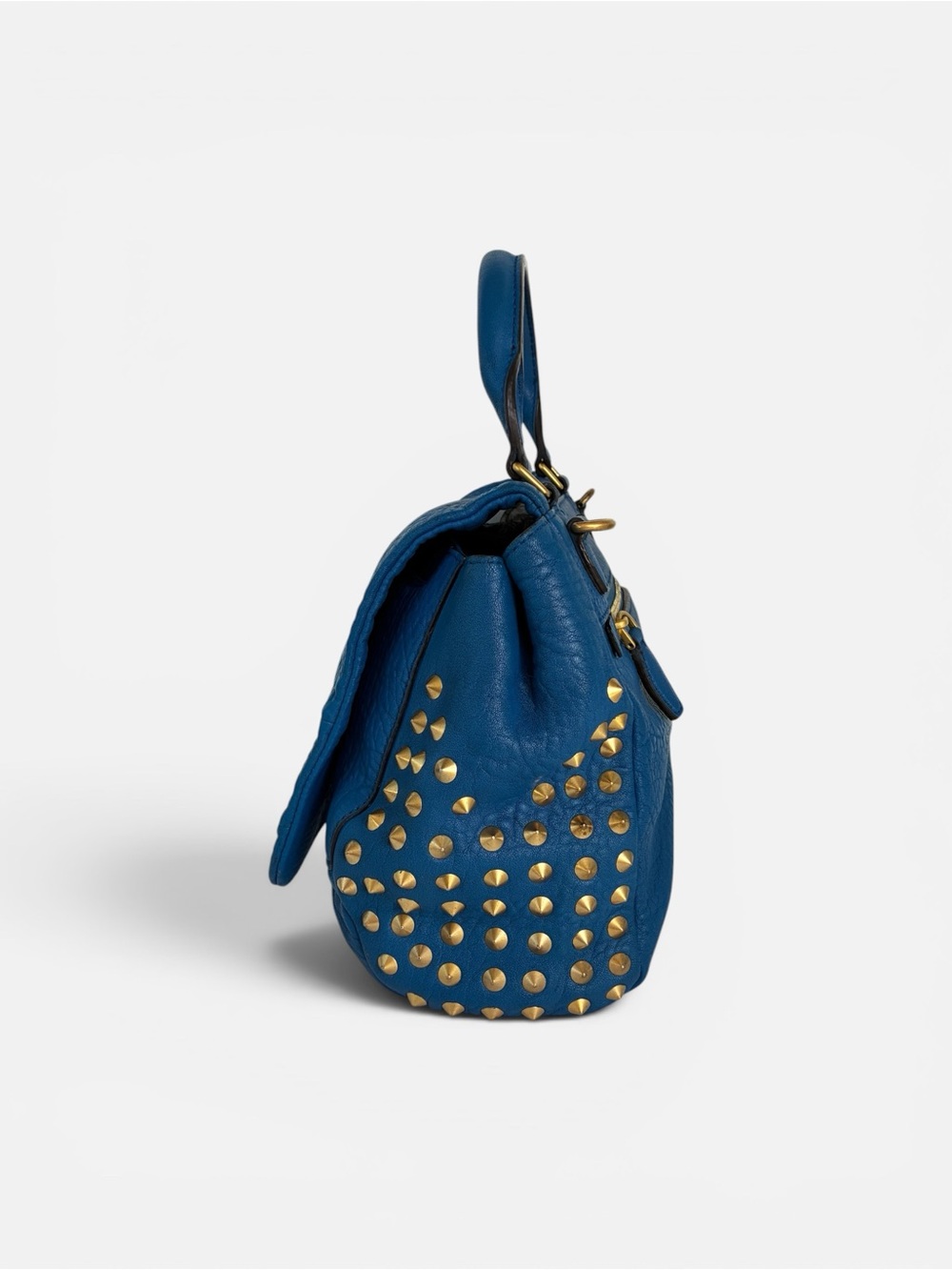 MCM Blue Pebbled Leather Studded Satchel Crossbody Bag Gold Hardware - Picture 3 of 13
